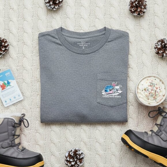 Vineyard Vines Unisex Ski Whale Pocket Tee - Gray Long Sleeve - Size Large - Picture 1 of 8